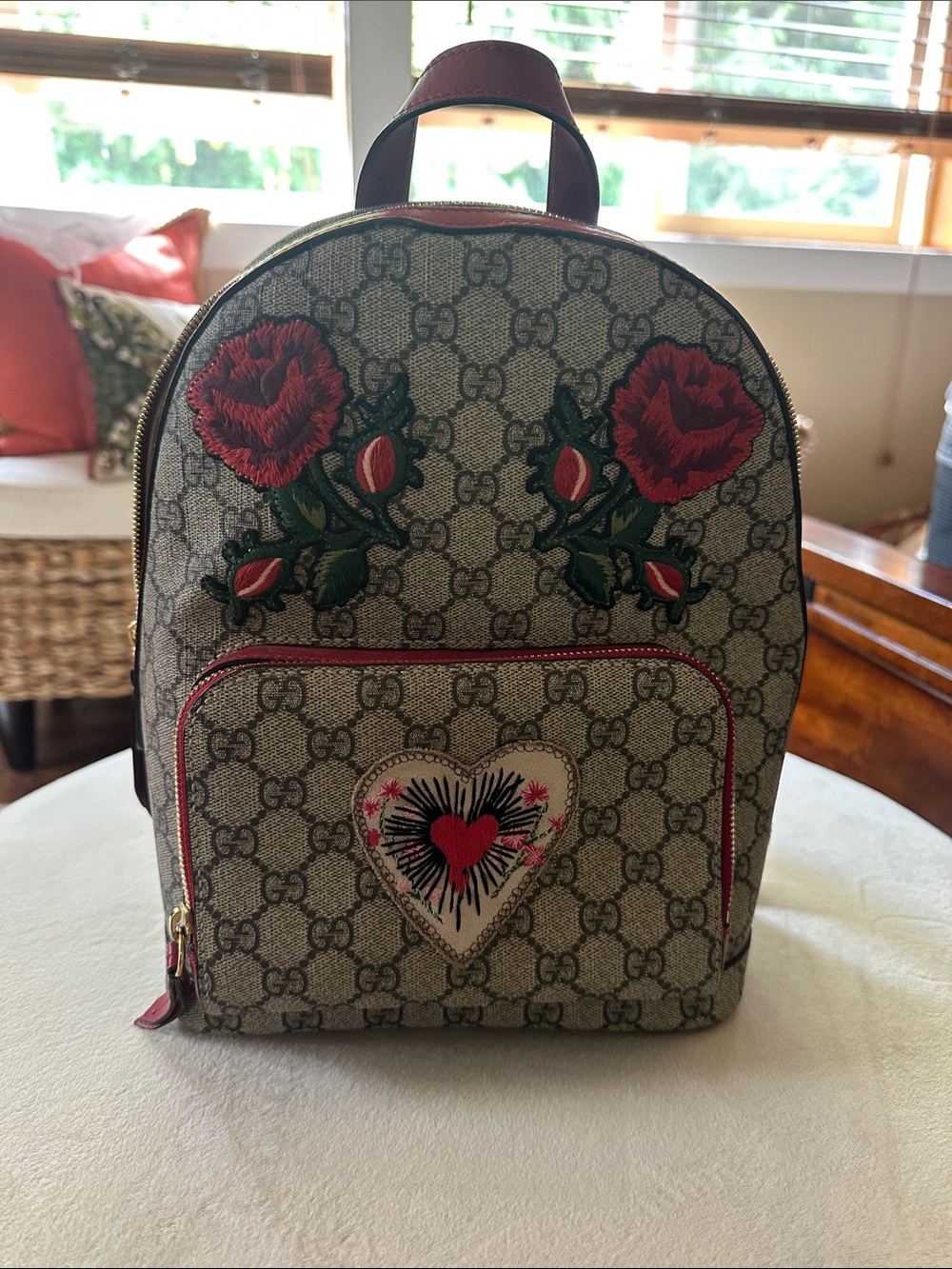 Gucci Beige GG Canvas Backpack with Red Floral Embroid & Heart Patch -VERY RARE!